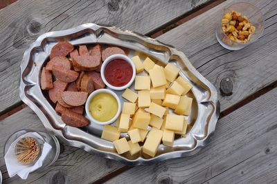 High angle view of food served in plate on table