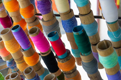 High angle view of multi colored threads