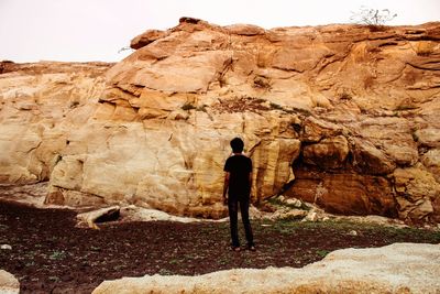 Rear view of man standing on rock