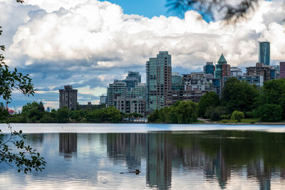 Lake and buildings against sky in city