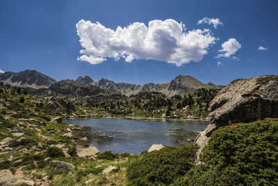 Scenic view of land and mountains against sky