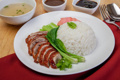 High angle view of meal served on table