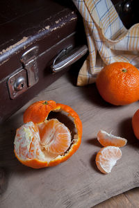 High angle view of sliced oranges on table