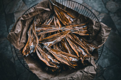 High angle view of dried leaves on plant