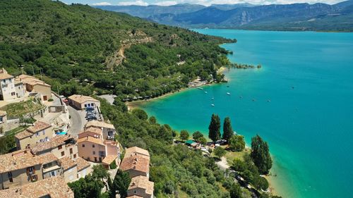 High angle view of bay and buildings