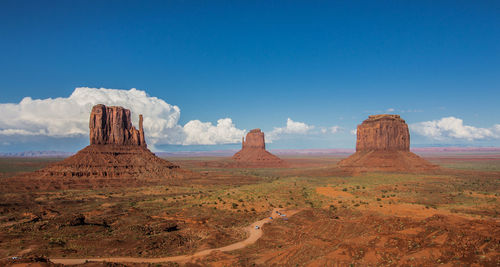 Panoramic view of rock formations on landscape against blue sky