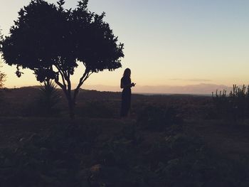 Silhouette of trees on field against sky at sunset