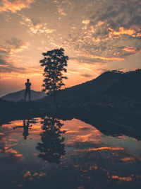 Silhouette person standing by tree against sky during sunset