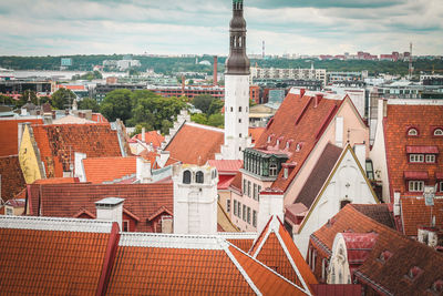 High angle view of buildings in city against sky