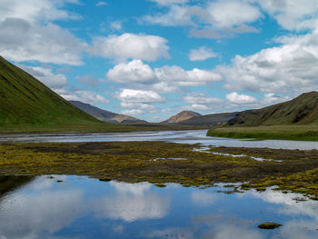 Scenic view of lake and mountains against sky