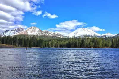 Scenic view of lake against cloudy sky