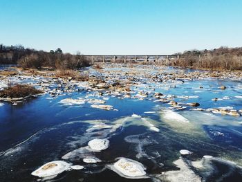 Scenic view of frozen lake against clear blue sky