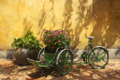Tricycle parked by potted plants against wall in danang, vietnam