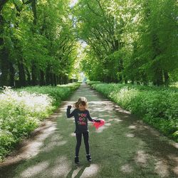 Full length of girl standing on footpath amidst plants