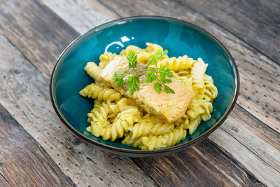 High angle view of pasta in bowl on table