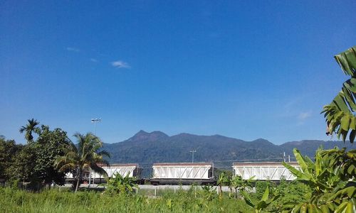 Scenic view of field and mountains against clear blue sky