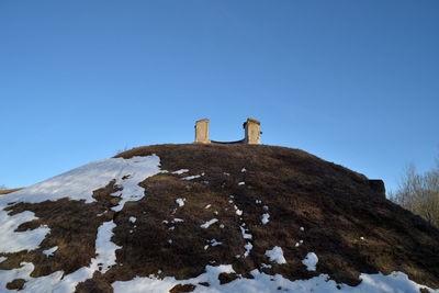 Low angle view of snowcapped mountain against clear blue sky
