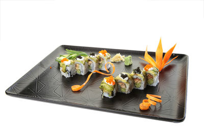 High angle view of sushi against white background