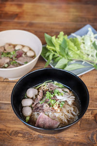 High angle view of soup in bowl on table