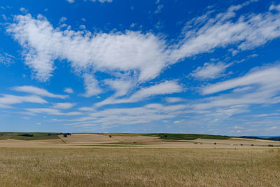 Scenic view of field against blue sky