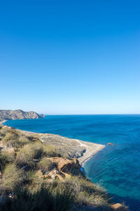 Scenic view of sea against clear blue sky