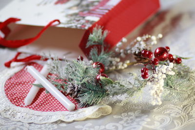 Close-up of christmas decorations on table