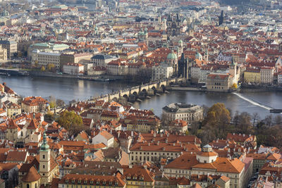 High angle view of city at river