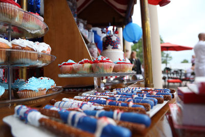 Close-up of cupcakes at market stall