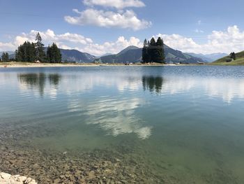 Scenic view of lake against cloudy sky