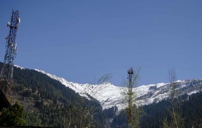 Scenic view of snowcapped mountains against clear blue sky