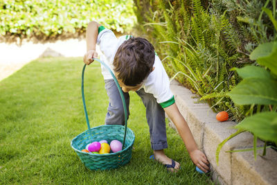 Boy collecting easter eggs in yard