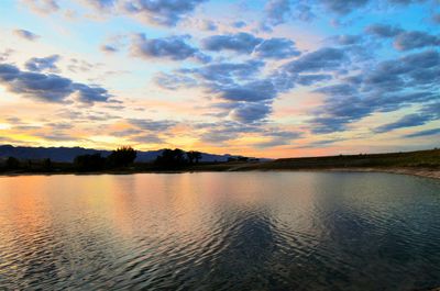 Scenic view of lake at sunset