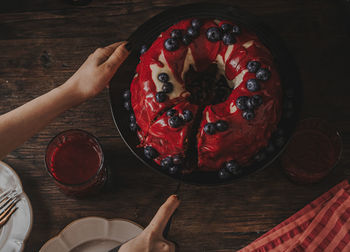 High angle view of cake on table