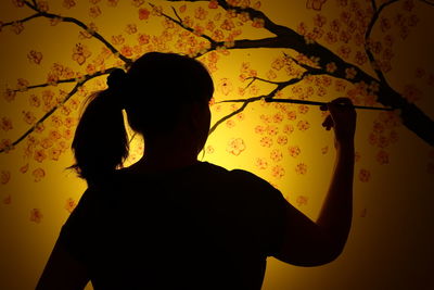 Rear view of silhouette boy standing against sky during sunset