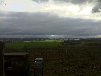 Scenic view of field against cloudy sky