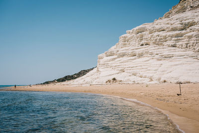 Scenic view of beach against clear blue sky