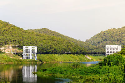 Scenic view of lake by trees against sky