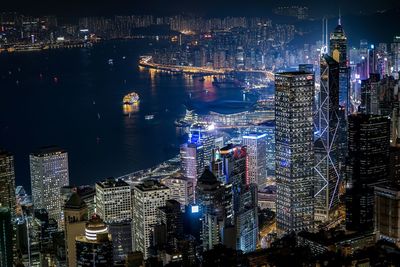 Aerial view of cityscape at night