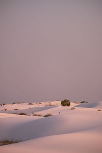 Scenic view of land against clear sky during sunset