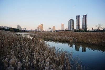 Panoramic view of river and buildings against clear sky