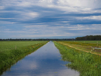 Scenic view of canal amidst field against sky