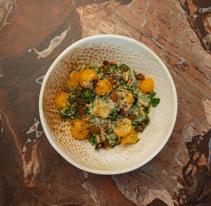 High angle view of food in plate on table