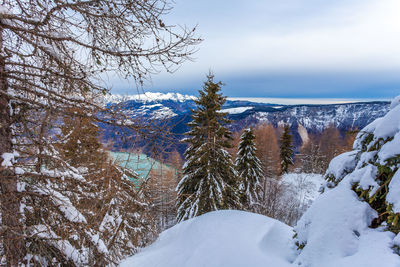 Scenic view of snow covered mountains against sky