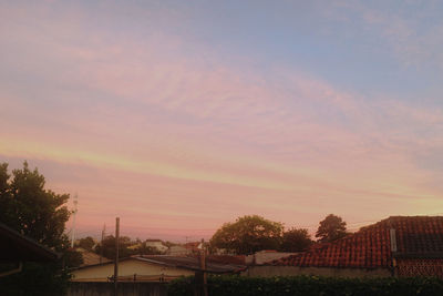 Houses and trees against sky during sunset