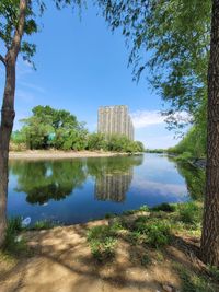 Scenic view of lake by building against sky