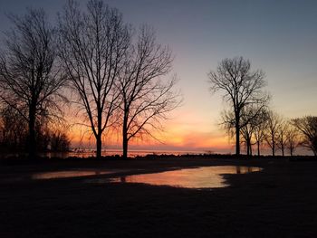 Silhouette trees by sea against sky during sunset