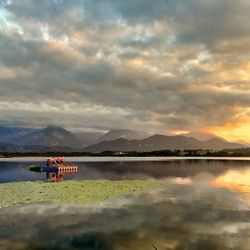 Scenic view of lake against cloudy sky during sunset