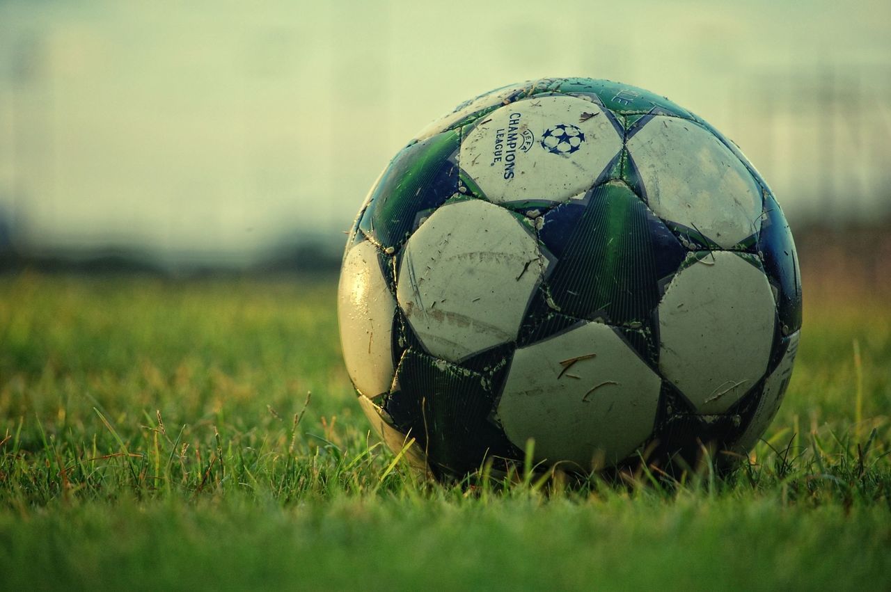 grass, field, grassy, close-up, focus on foreground, ball, sphere, circle, sport, green color, single object, day, selective focus, outdoors, round, no people, geometric shape, childhood, nature, still life