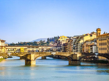 Bridge over river by buildings against clear blue sky