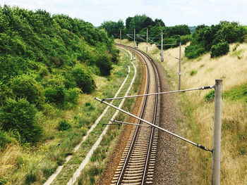 Railroad tracks amidst trees against sky